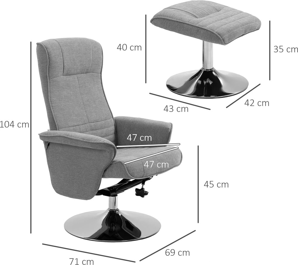 Poltrona relax reclinável a 135°, giratória a 360°, com apoio para os pés e estofo em tecido cinzento