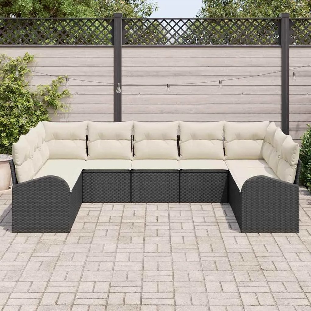 Conjunto de Sofá para Jardim com 9 Peças e Almofadas Pretas em Rattan