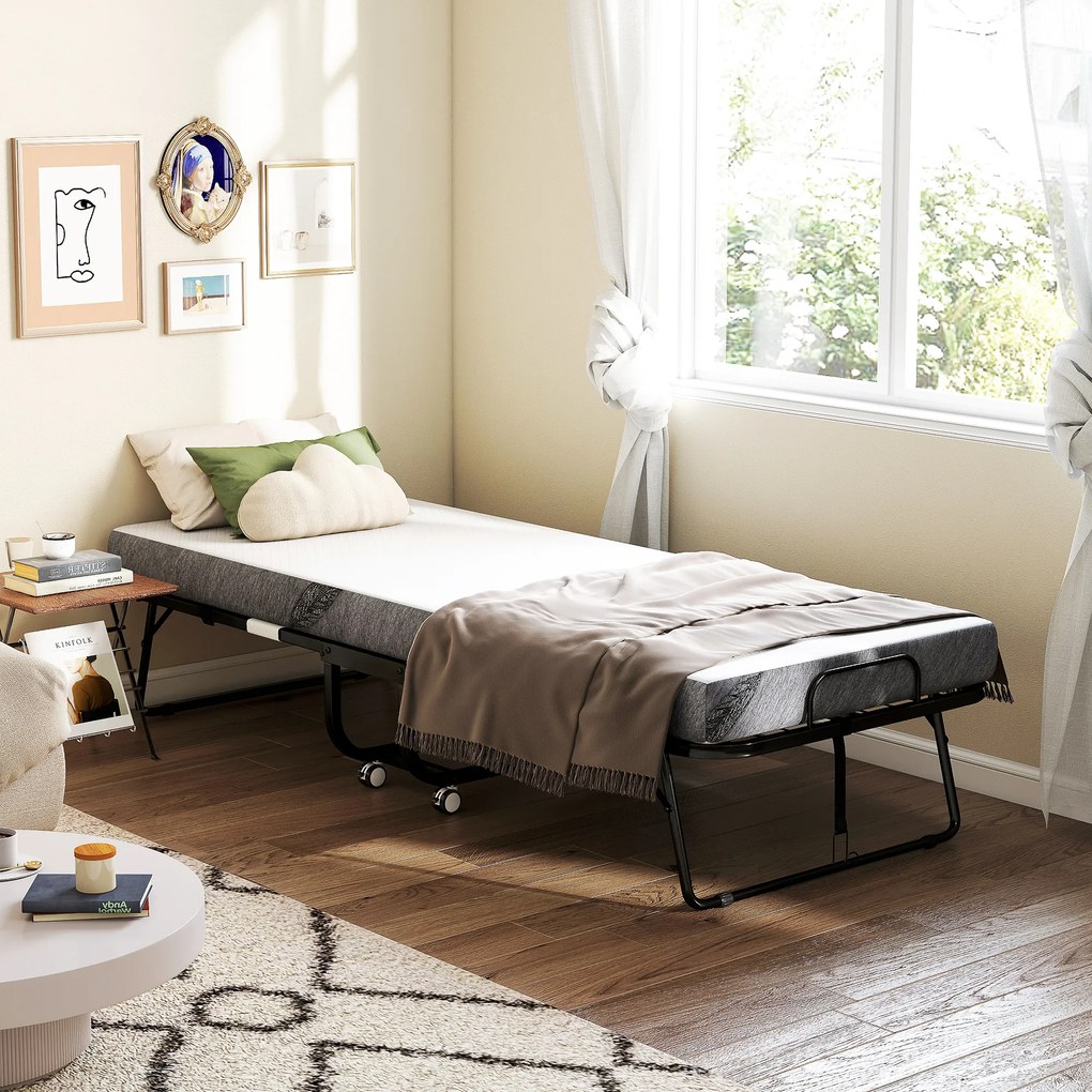 Cama dobrável individual de 200 x 80 cm com colchão, cama extra dobrável e portátil com Rodas, estrutura em aço preto, branco