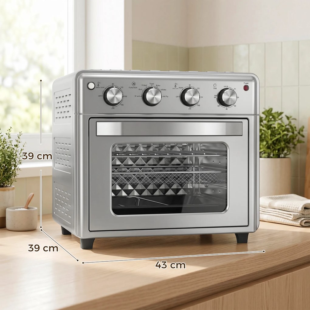 Forno Elétrico de Bancada 30 L 1600 W com Fritadeira a ar 7 Funções e Temporizador 43x39x39 cm Prata