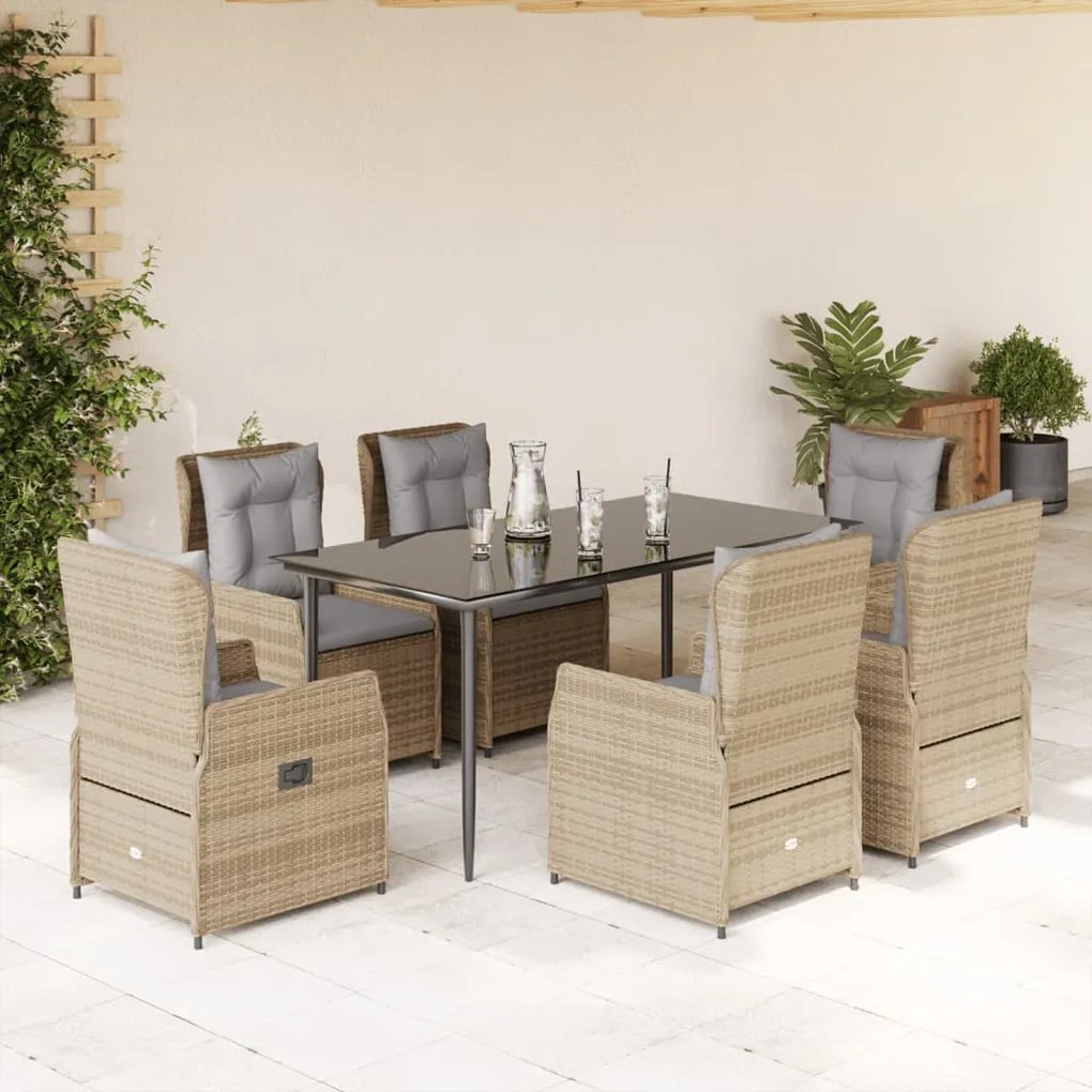 7 pcs conjunto de jantar p/ jardim com almofadões vime PE bege