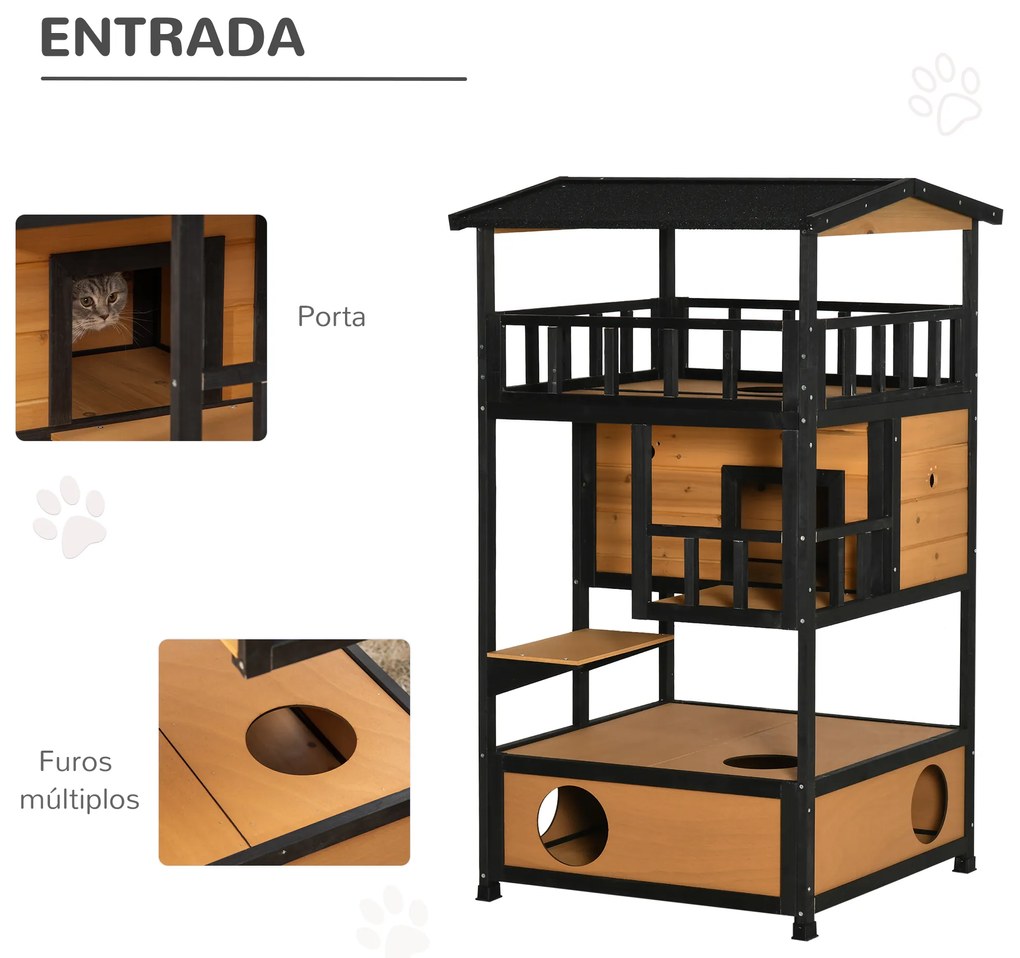 Casa para Gatos de Madeira 75,5x75x137 cm Abrigo para Gatos com Telhado Asfáltico Plataformas e Ninho Natural