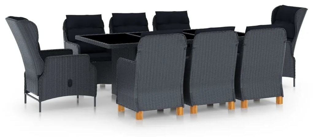 vidaXL 9 pcs conj. jantar exterior c/ almofadões vime PE cinza-escuro