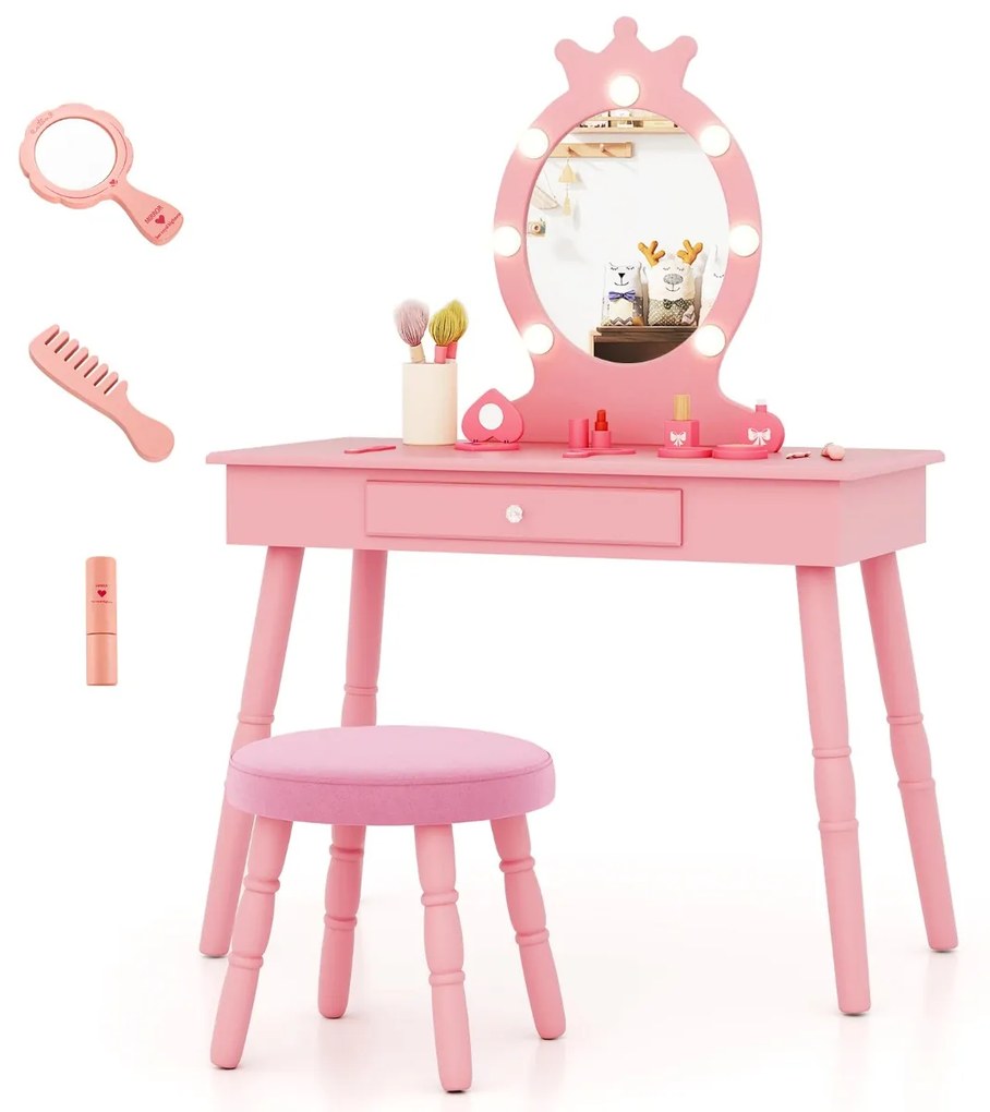 Conjunto de Toucador para Crianças com Espelho Iluminado de Princesa com Gaveta Ajustável com Brilho e Banco Almofadado Rosa