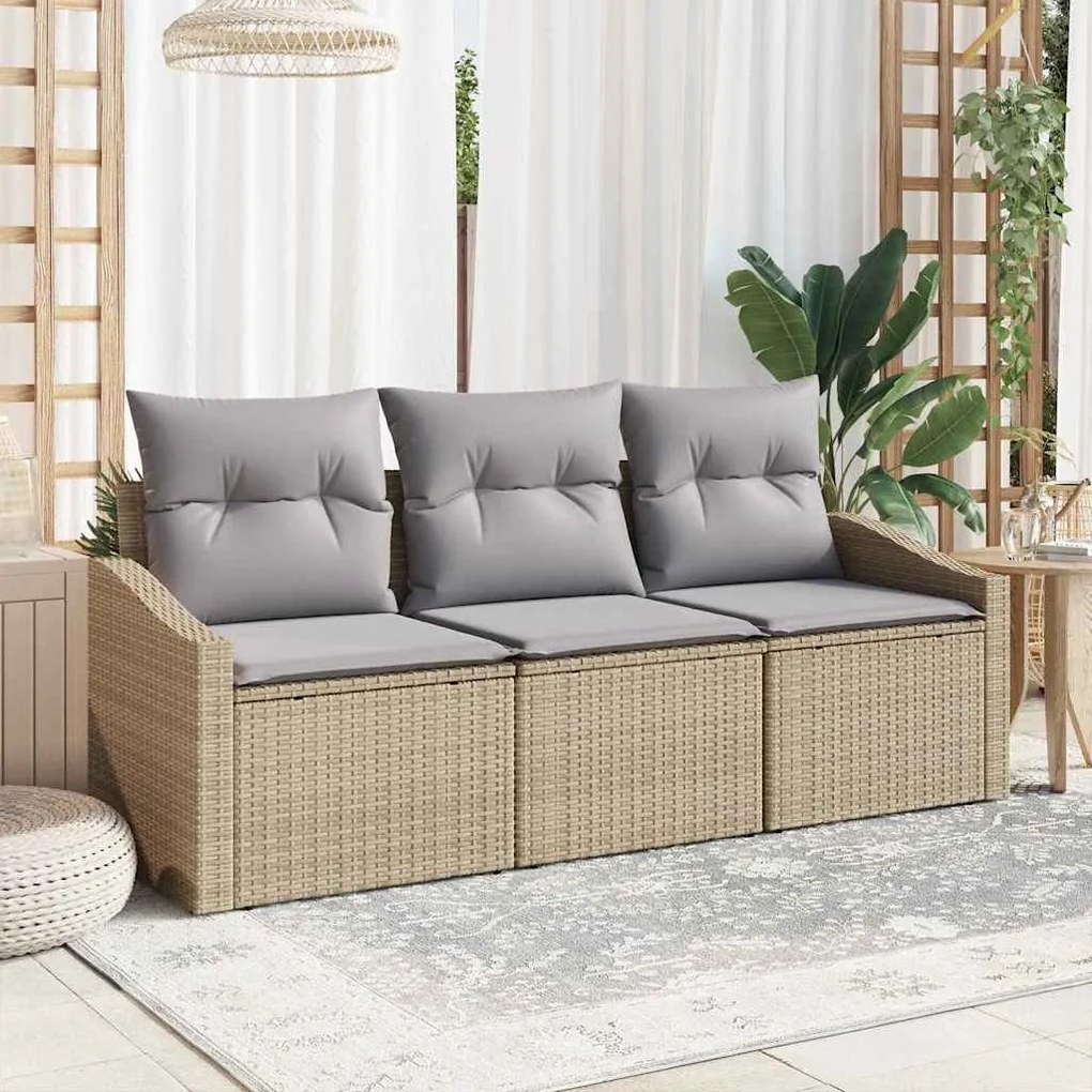 vidaXL Conjunto de Sofá de Jardim 3 Peças com Almofadas Beje em Rattan Sintético