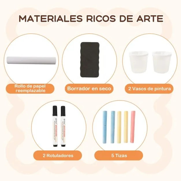 Conjunto de mesa e banco de arte para crianças com cavalete ajustável de dupla face, quadro magnético e rolo de papel substituível Branco