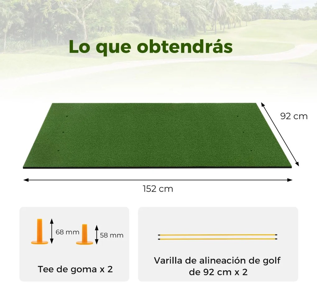 Tapete de relva de golfe sintético 3 em 1, 2 bastões de alinhamento e 6 peças de golfe para uso interno e externo 152 x 92 cm verde