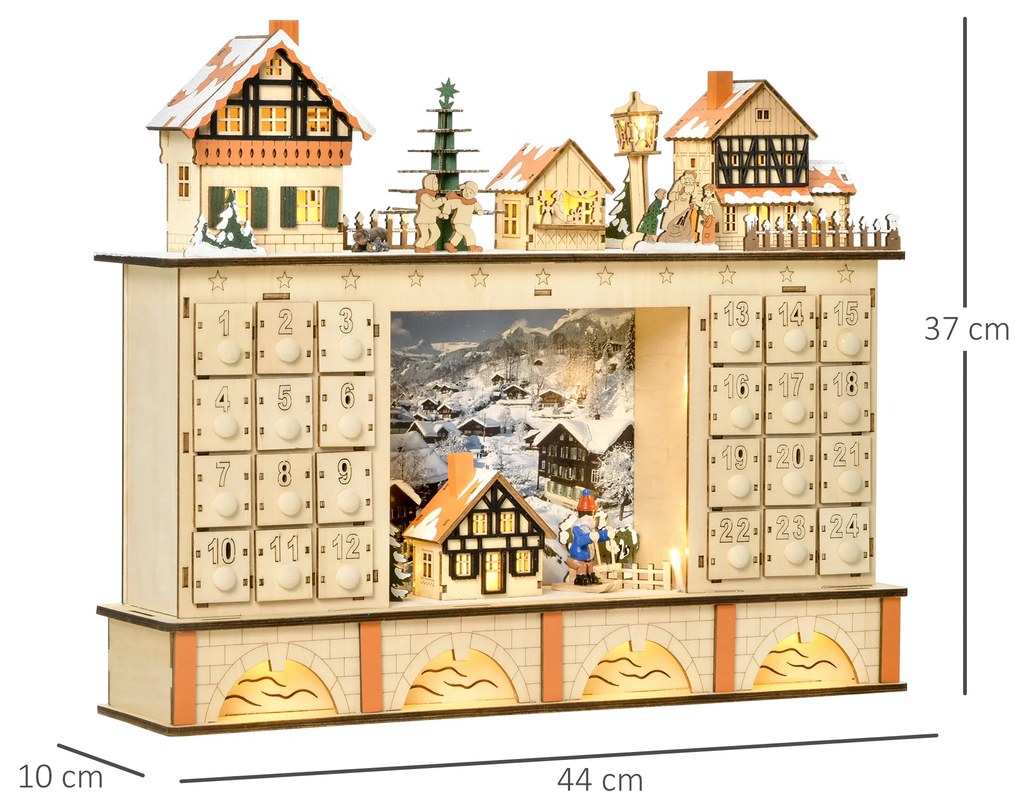 HOMCOM Calendário de Advento Calendário de Advento de Madeira com Luzes e 24 Gavetas de Contagem Regressiva Decoração de Natal 44x10x37 cm Madeira