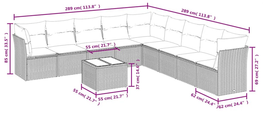 10 pcs conj. sofás jardim com almofadões vime PE cinzento-claro