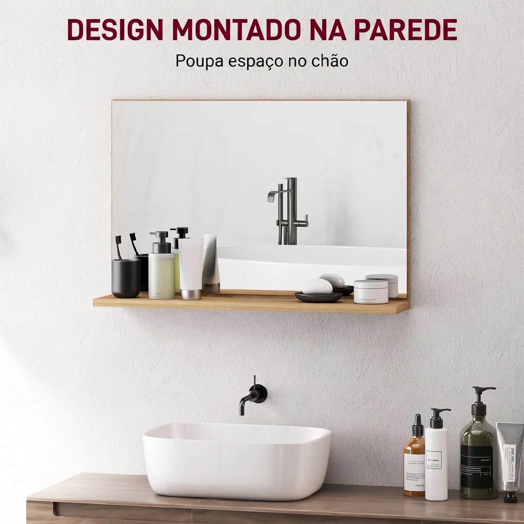 Espelho de Casa de Banho de Parede com Prateleira Aberta Estilo Moderno para Hall de Entrada e Corredor 60x12x40 cm Madeira Natural