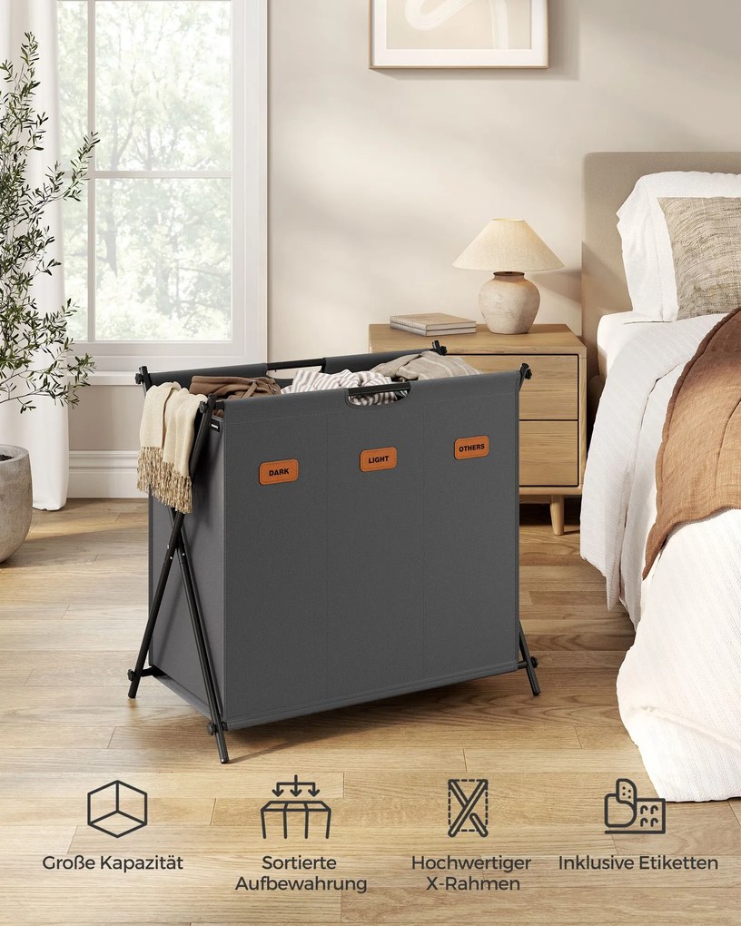 Cesto para roupa suja 135 litros com 3 compartimentos cinza ardósia