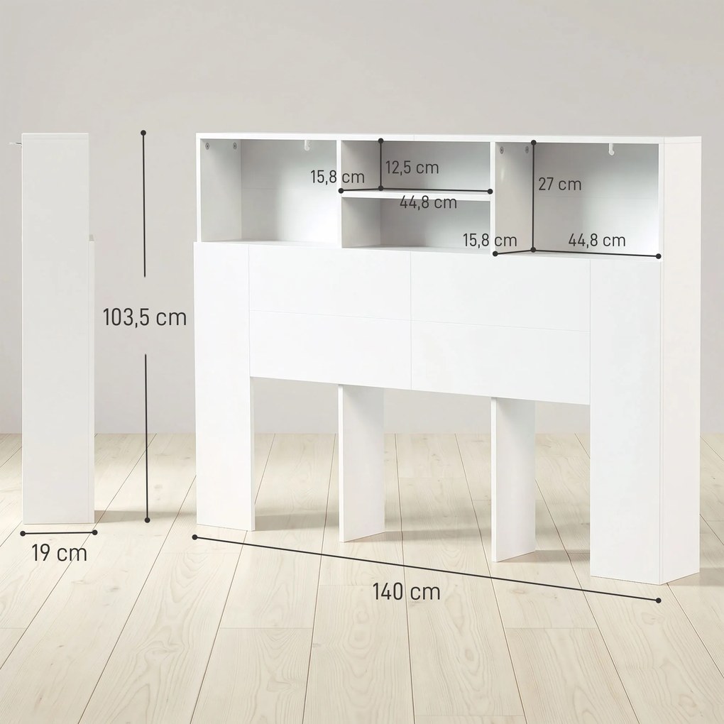 Cabeceira de Cama 140 cm com Arrumação e 4 Compartimentos Abertos para Quarto Branca