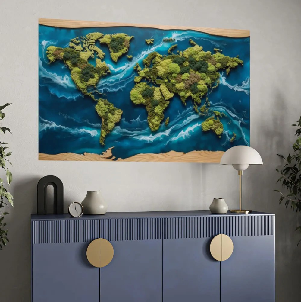 Autocolante XXL Mapa do Mundo – Fluxo de lava epóxi e musgo