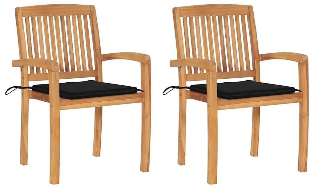 vidaXL Cadeiras de jardim c/ almofadões pretos 2 pcs teca maciça