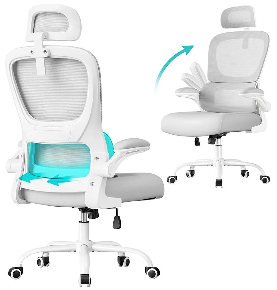 Cadeira ergonómica para escritório com tecido em rede e apoios de braços rebatíveis 64 x 71,5 x 116-135 cm Cinzento
