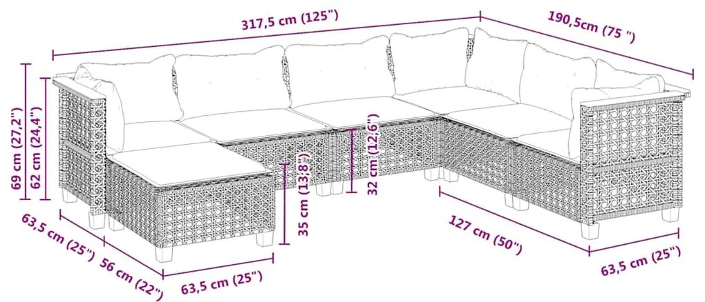 7 pcs conjunto de sofás p/ jardim com almofadões vime PE bege