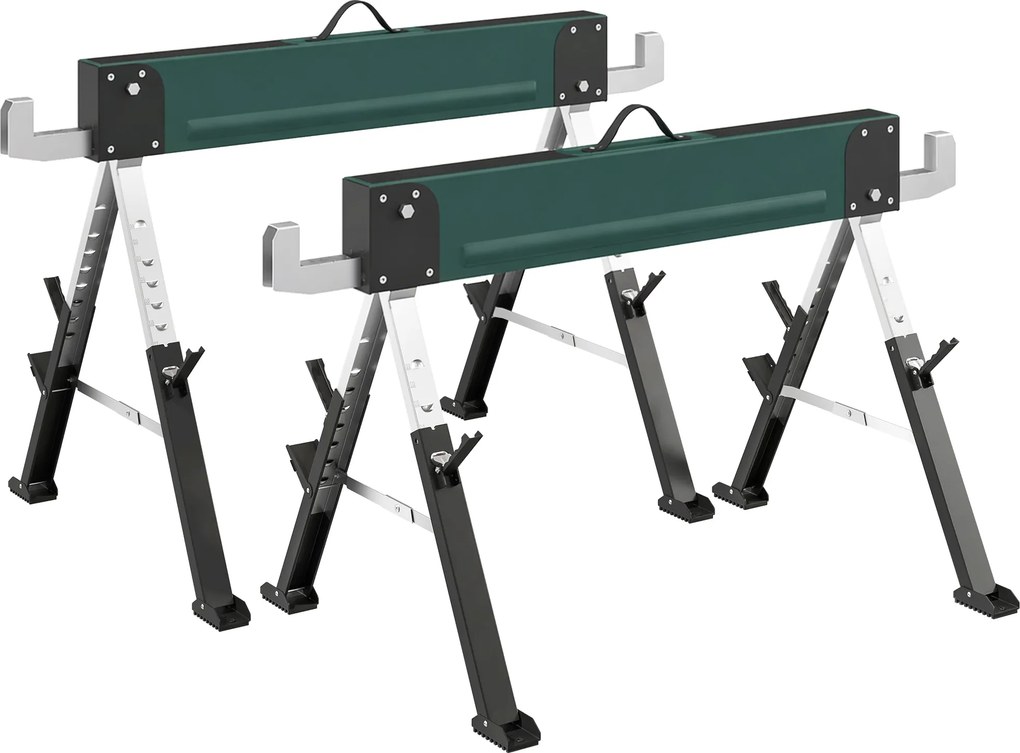 HOMCOM conjunto de 2 cavaletes dobráveis em metal, carga máx 1160 kg, altura ajustável 64-81cm, alça de transporte, verde | Aosom Portugal