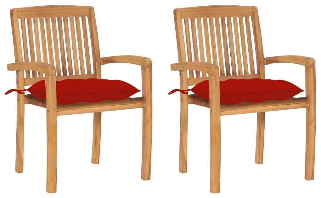 vidaXL Cadeiras de jardim c/ almofadões vermelhos 2 pcs teca maciça
