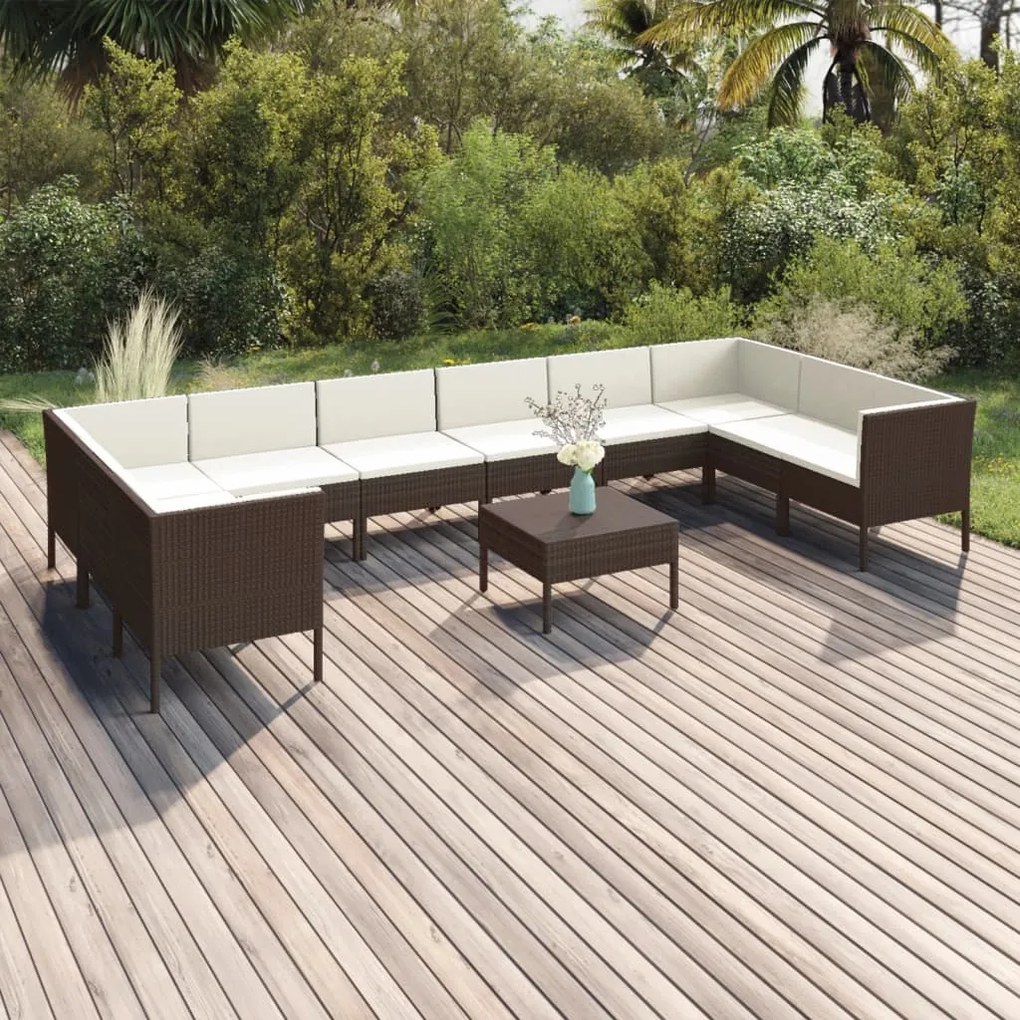 vidaXL 11 pcs conjunto lounge jardim c/ almofadões vime PE castanho