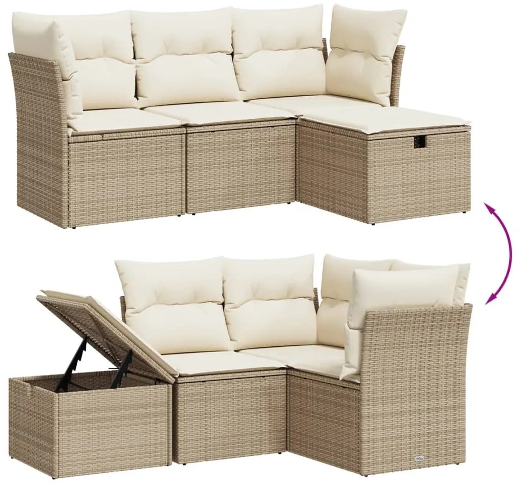 4 pcs conjunto de sofás para jardim c/ almofadões vime PE bege