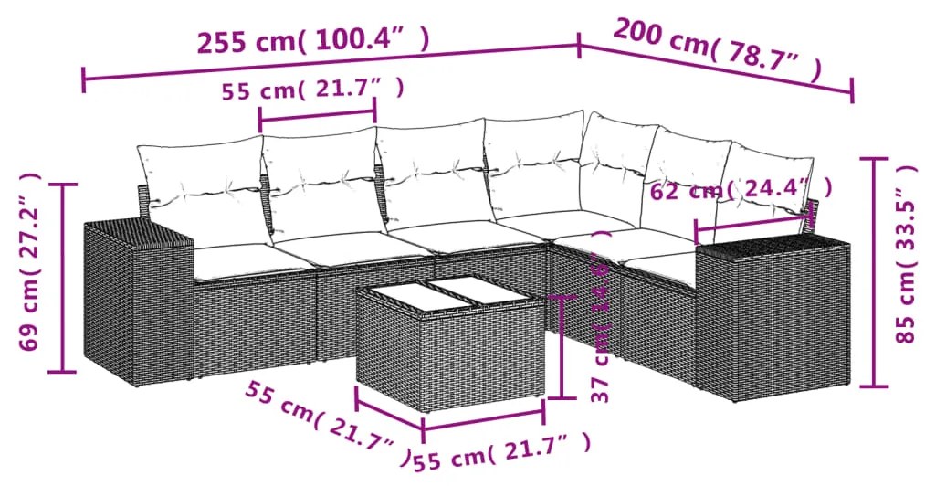 7 pcs conjunto de sofás jardim c/ almofadões vime PE castanho