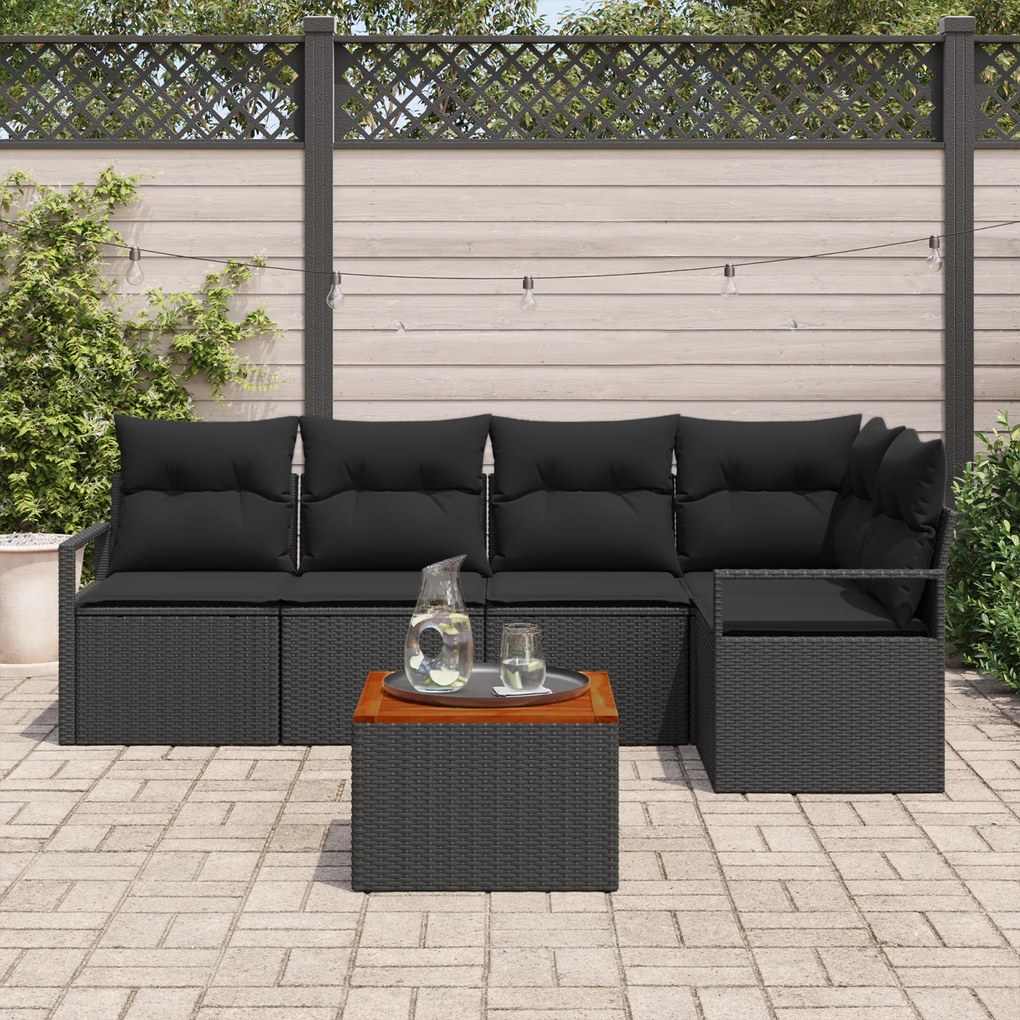 Conjunto de Sofás de Jardim de 6 Peças com Almofadas Preto Vime Poli A