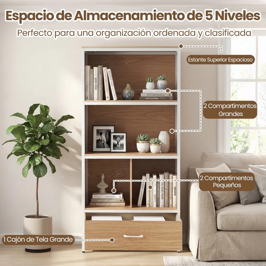 Estante de 4 níveis 68 x 30,5 x 151,5 cm com 4 compartimentos abertos e gaveta dobrável em tecido; Estrutura metálica para quarto ou escritório, em to