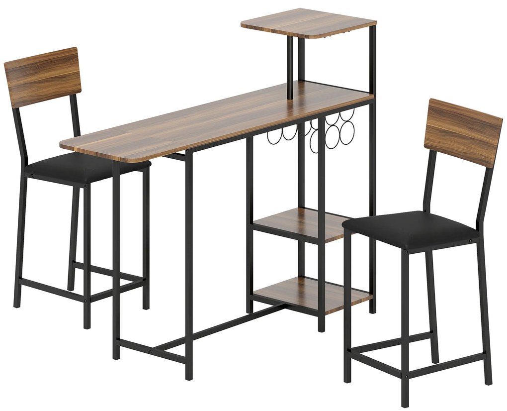 Conjunto de Mesa e Bancos de Bar Mesa Alta de Cozinha com 2 Bancos Laterais Rebatíveis Suporte para Vinhos e Prateleiras Castanho e Preto