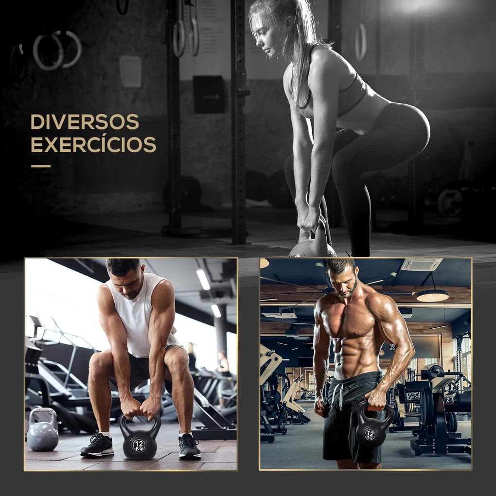 Peso Russo de 12 kg Kettlebell Preenchido de Areia com Punho Largo e Antiderrapante para Trenos em Casa e Ginásio 27x21x31 cm Preto