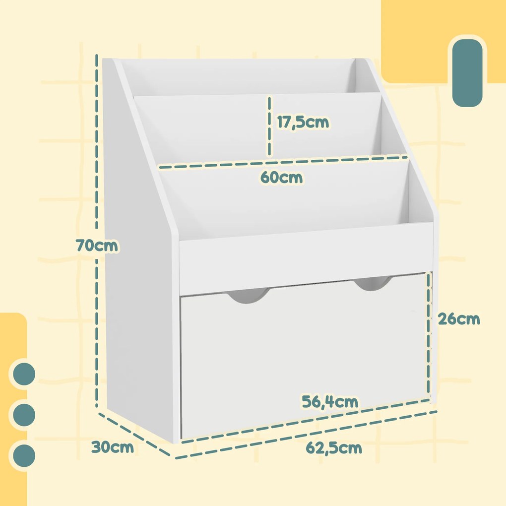 Estante de Brinquedos com 3 Compartimentos Gaveta com Rodas para Quarto Sala de Jogos 62,5x30x70 cm Branco
