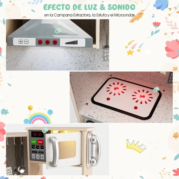 Conjunto de cozinha de madeira para crianças, brinquedo de cozinha com sons e acessórios realistas, jogo de telefone para crianças de +3 anos Branco +