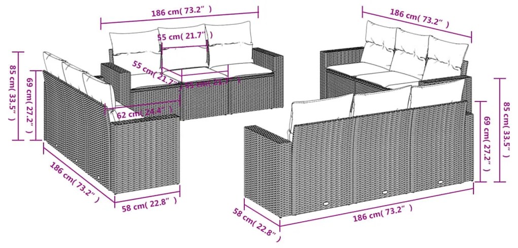 12 pcs conjunto de sofás jardim c/ almofadões vime PE cinzento