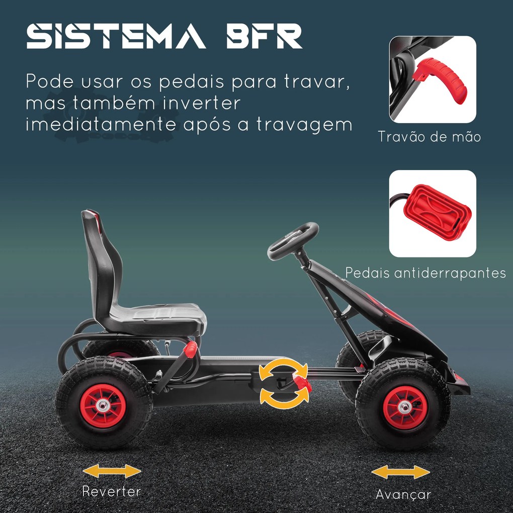 HOMCOM Kart a Pedais para Crianças 5-12 Anos Kart a Pedais Infantil com Assento Ajustável Pneus Insufláveis Amortecimento e Travão de Mão Carga Máx. 50kg 121x58x61cm Vermelho