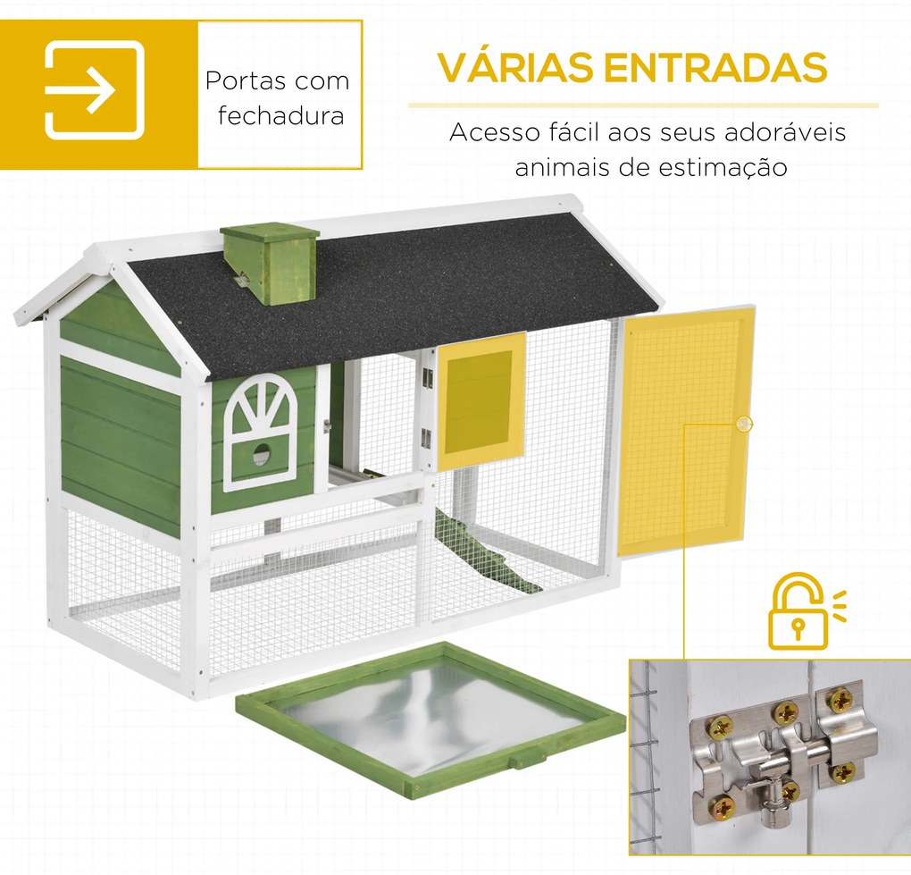 Coelheira de Madeira 120x60x79 cm Coelheira com Teto Asfáltico Bandeja Removível Escada e Chaminé para Exterior Verde