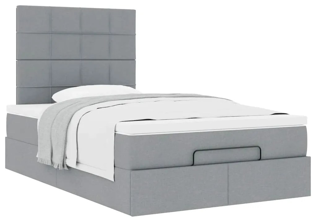 Estrutura de cama otomana com colchão cinza claro tecido
