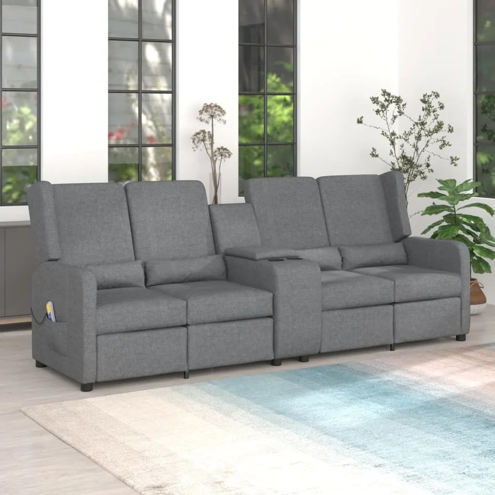 vidaXL Sofá massagens reclinável 4 lug. c/ suporte copos cinza-claro
