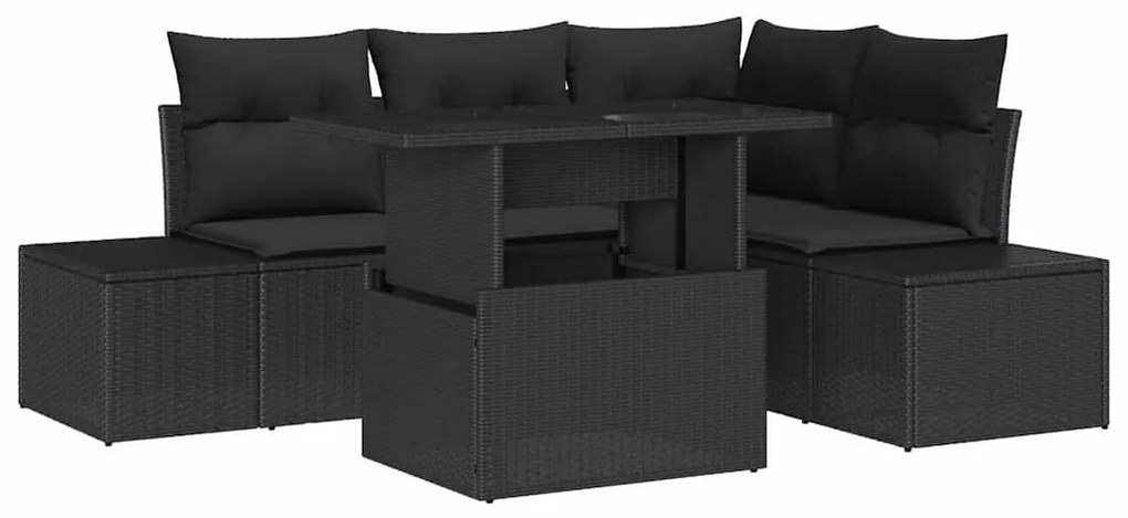 Conjunto de Sofá de Jardim 5 Peças com Almofadas em Rattan Preto