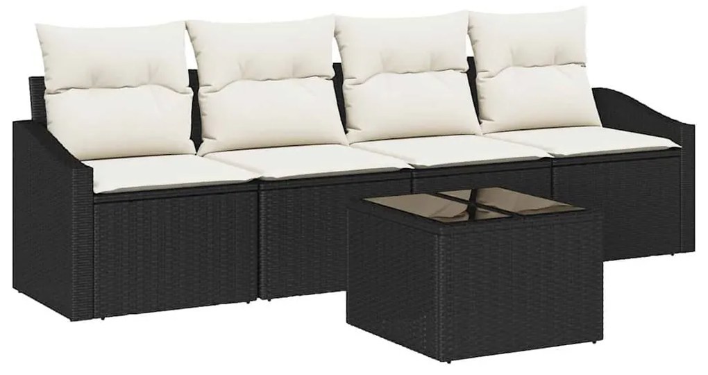 Conjunto de Sofá de Jardim de 5 Peças com Almofadas Preto Rattan Polié