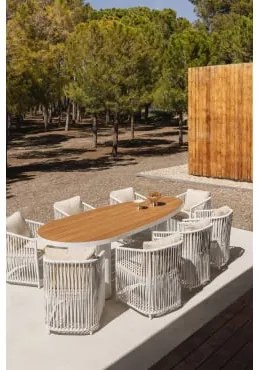 Conjunto De Mesa Oval Taneli, 260x110 Cm, Feito De Alumínio E Madeira De Teca, E 8 Cadeiras De Jardim Sophie, Feitas De Alumínio Gardénia Branco -