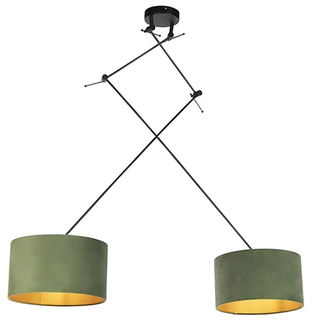 Candeeiro de suspensão preto com abajures de veludo verde e dourado 35 cm 2 luzes - Blitz Country / Rústico,Rústico