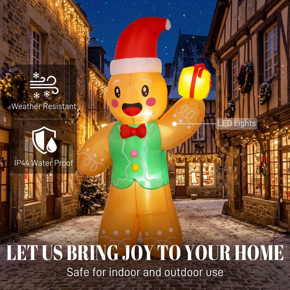 Boneco de Gengibre Insuflável de Natal, 135 x 60 x 250 cm, Iluminação LED, Multicolor