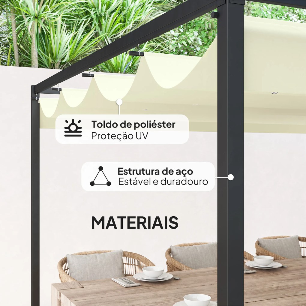 Pérgola 400x300x222 cm Pérgola de Jardim com Teto Retrátil de Poliéster com Revestimento para Celebrações Festas Casamento Creme