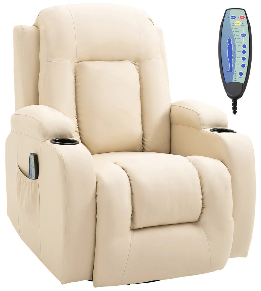 HOMCOM Poltrona de Massagem Reclinável até 150° com 8 Pontos de Massagem por Vibração Função de Aquecimento 85x94x104 cm Creme