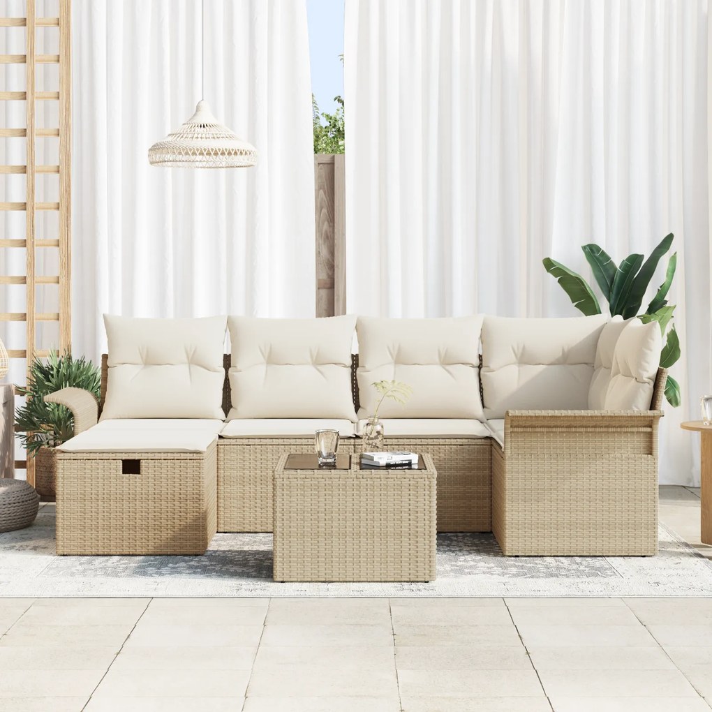 Conjunto de Sofás de Jardim de 7 Peças com Almofadas Bege Rattan Polié