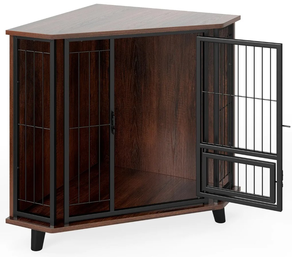 Gaiola de canto para cães 60 x 60 x 71,5 cm que economiza espaço com 3 pés de madeira de borracha Porta com fechadura Estrutura metálica castanho