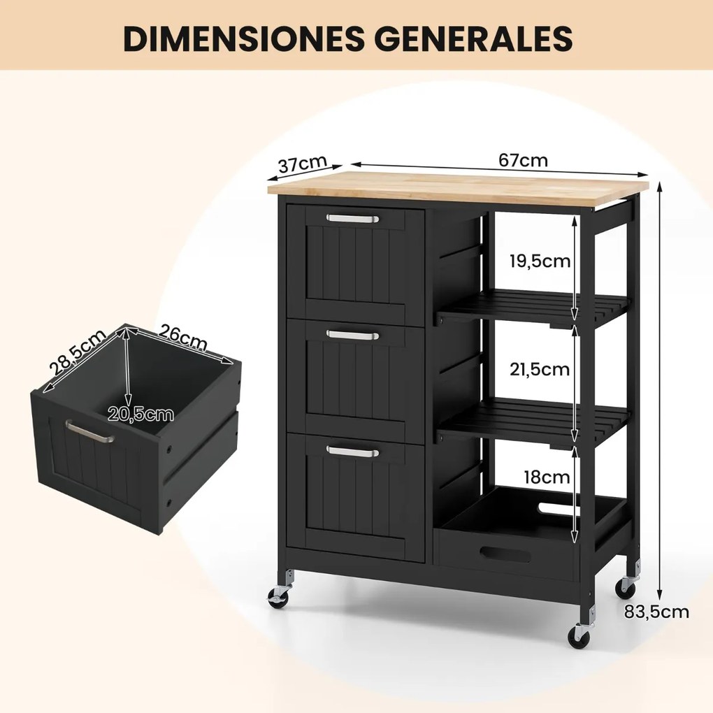 Carrinho de ilha de cozinha com tampa de madeira 3 gavetas de arrumação 2 Estantes e tabuleiro 67 x 37 x 83,5 cm Preto