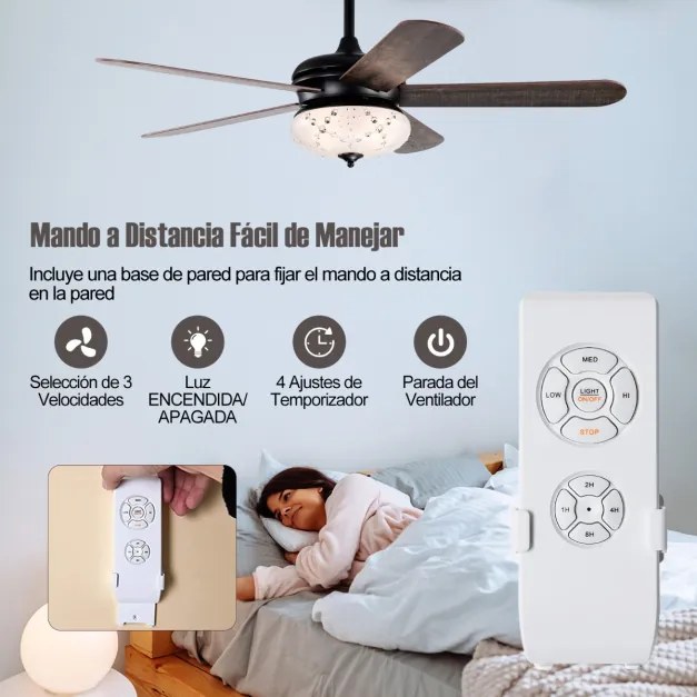 Ventoinha de teto de 132 cm com controle remoto 2 hastes e 5 aletas reversíveis Ventilador interno para casa Preta