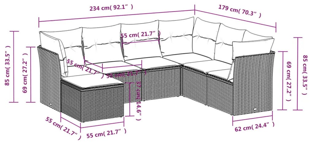 7 pcs conjunto de sofás jardim c/ almofadões vime PE castanho