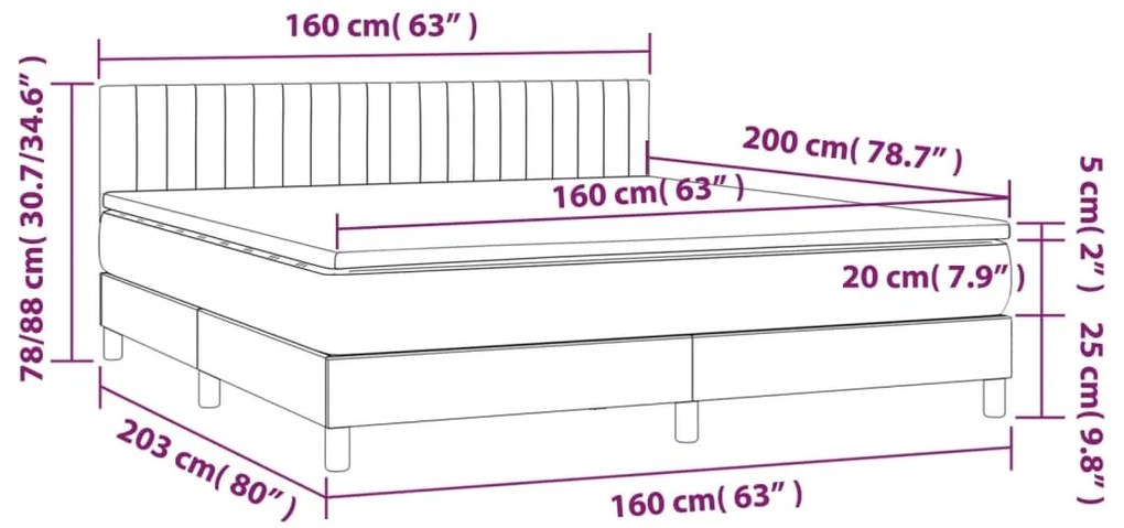 Cama box spring c/ colchão/LED 160x200cm tecido castanho-escuro