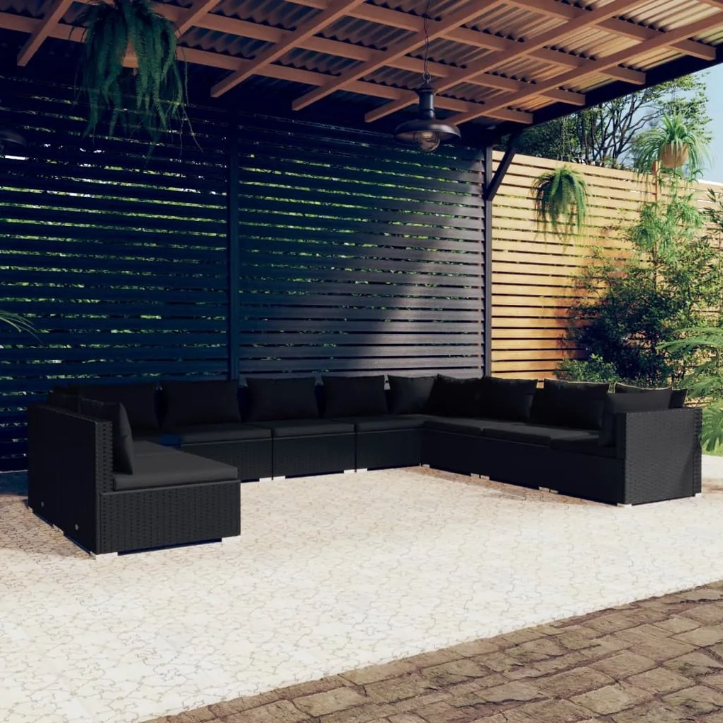 vidaXL 10 pcs conjunto lounge de jardim c/ almofadões vime PE preto